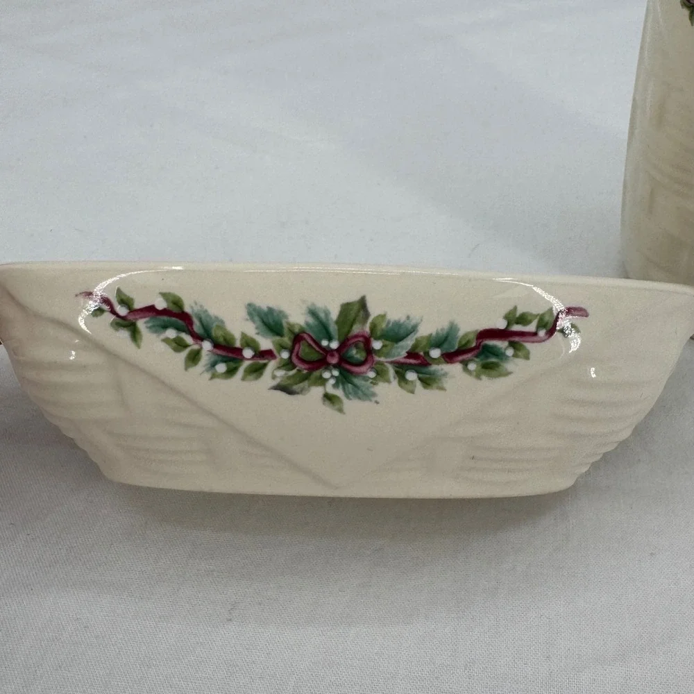 Vintage 90s Pfaltzgraff Holly Joy Basketweave Ceramic Soap Dispenser & Dish Set
